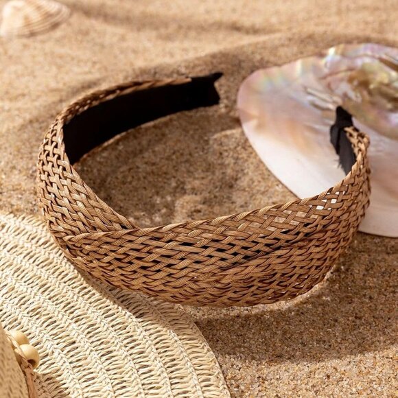 Woven Twist Headbands 2 Pack Boho Hairbands Non Slip Wide Rattan Accessories - Picture 3 of 7